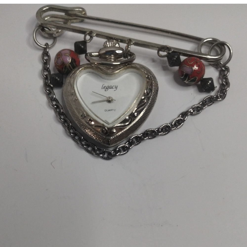 Legacy Heart Brooch Watch Silver Tone Beaded Safety Pin Chain Quartz Analog